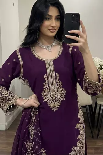 Purple faux georgette embroidered palazzo set