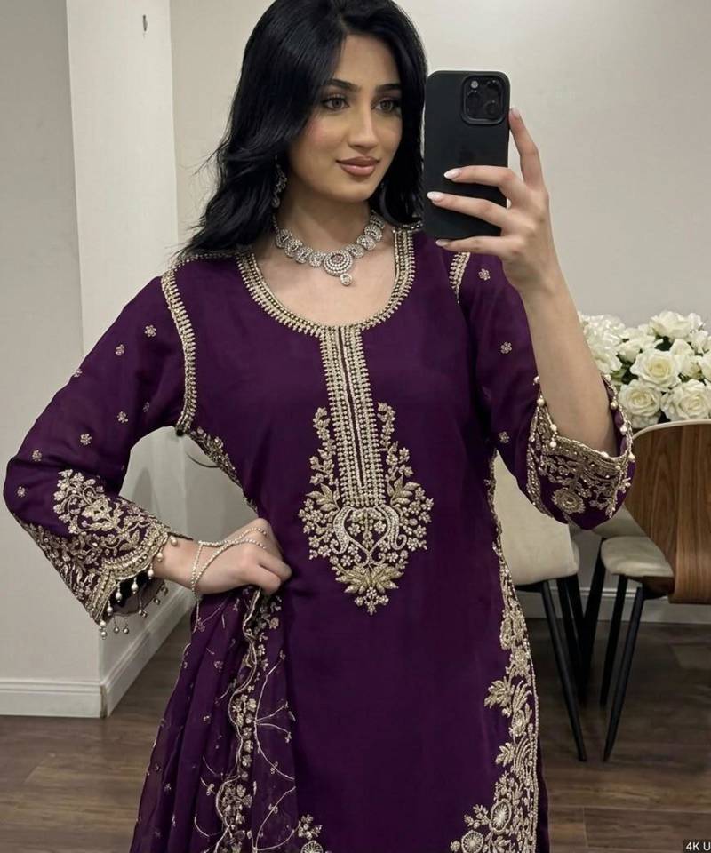 Purple faux georgette embroidered palazzo set