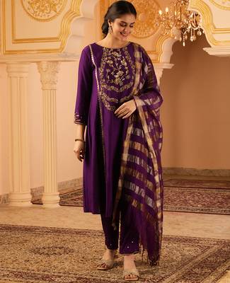 Purple hand embroidered a-shape mul chanderi 3 piece suit set 2