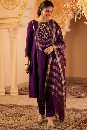 Purple hand embroidered a-shape mul chanderi 3 piece suit set