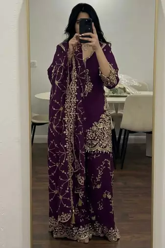 Purple faux georgette embroidered palazzo set