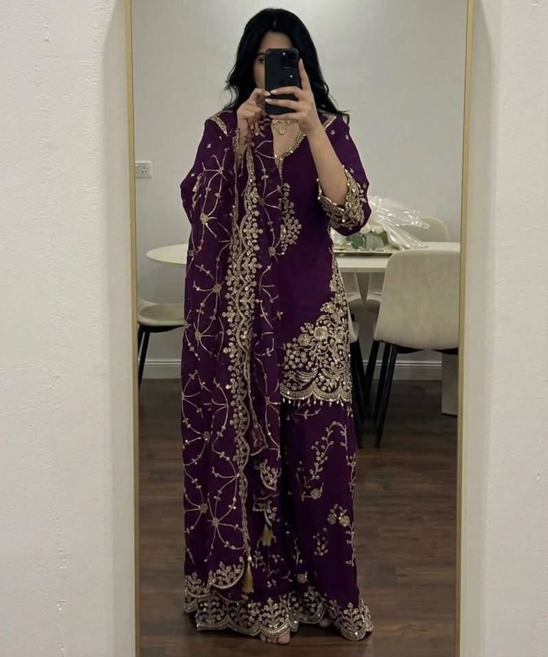 Purple faux georgette embroidered palazzo set