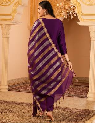 Purple hand embroidered a-shape mul chanderi 3 piece suit set 3