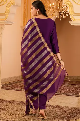 Purple hand embroidered a-shape mul chanderi 3 piece suit set