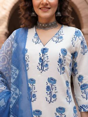 White floral printed cotton kurta set 4