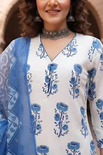 White floral printed cotton kurta set