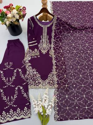 Purple faux georgette embroidered palazzo set 4