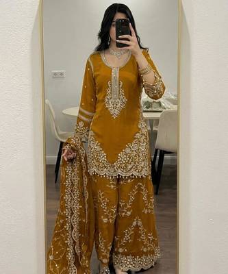Dark-yellow faux georgette embroidered palazzo set 1