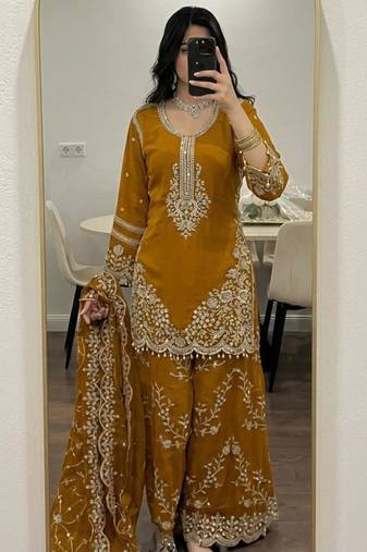Dark-yellow faux georgette embroidered palazzo set