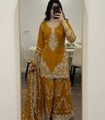Dark-yellow faux georgette embroidered palazzo set
