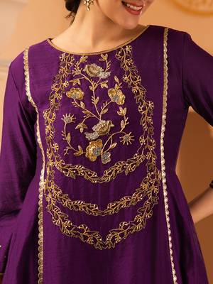 Purple hand embroidered a-shape mul chanderi 3 piece suit set 4