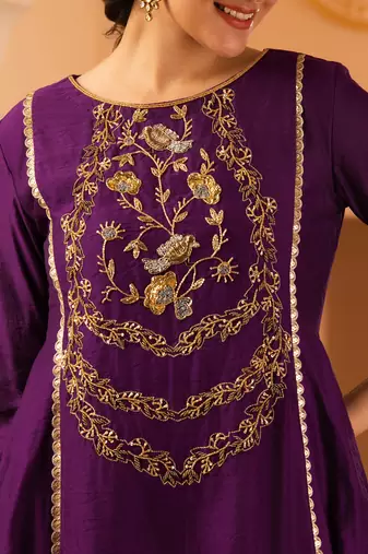 Purple hand embroidered a-shape mul chanderi 3 piece suit set