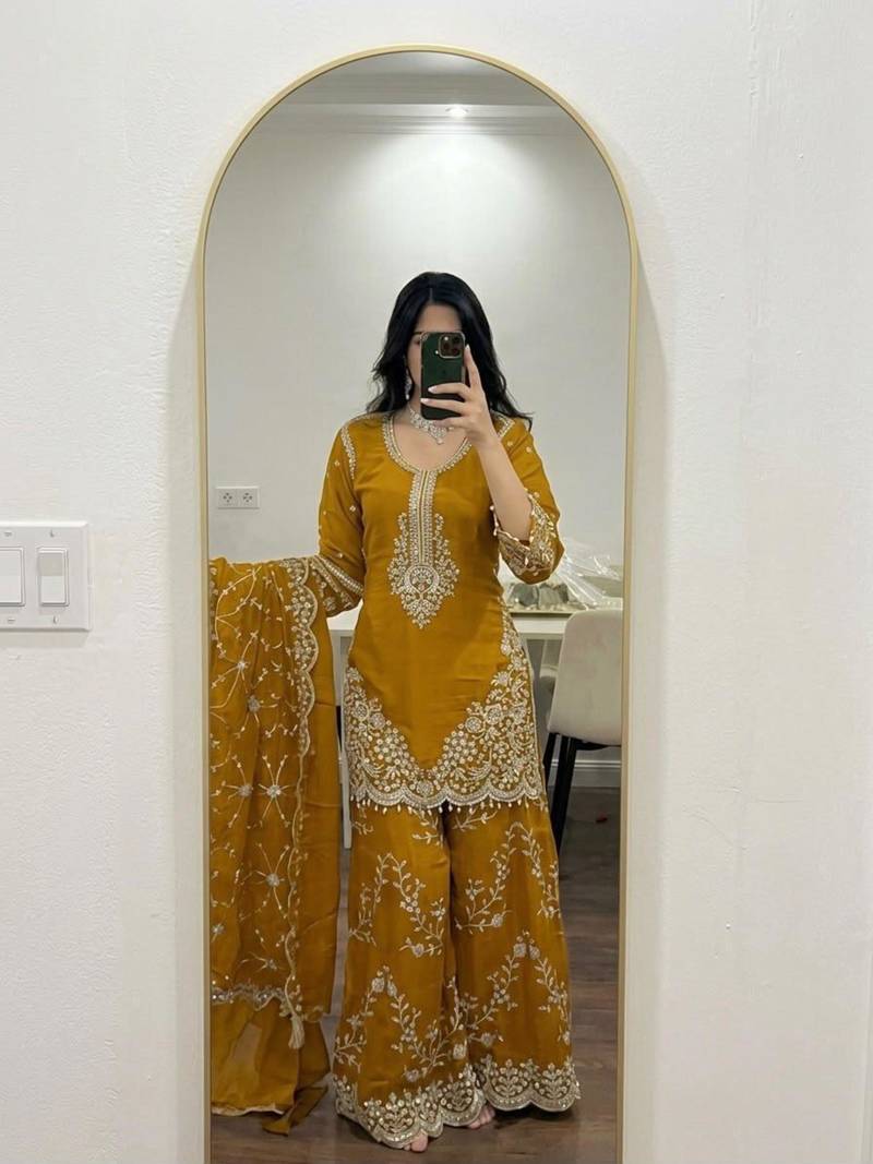 Dark-yellow faux georgette embroidered palazzo set