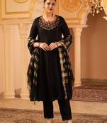 Black hand embroidered a-shape silk 3 piece suit set