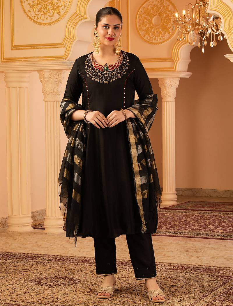 Black hand embroidered a-shape silk 3 piece suit set