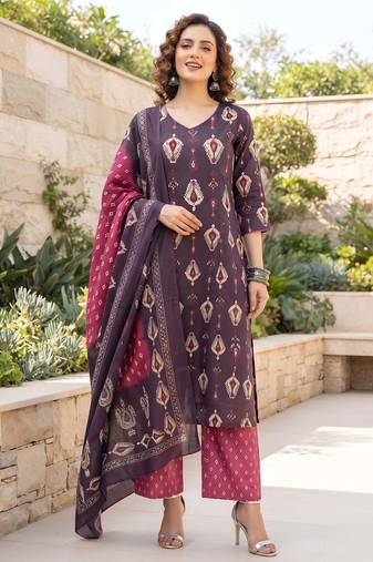 Burgundy floral printed cotton kurta set
