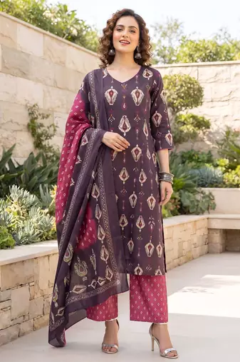 Burgundy floral printed cotton kurta set