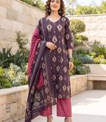 Burgundy floral printed cotton kurta set