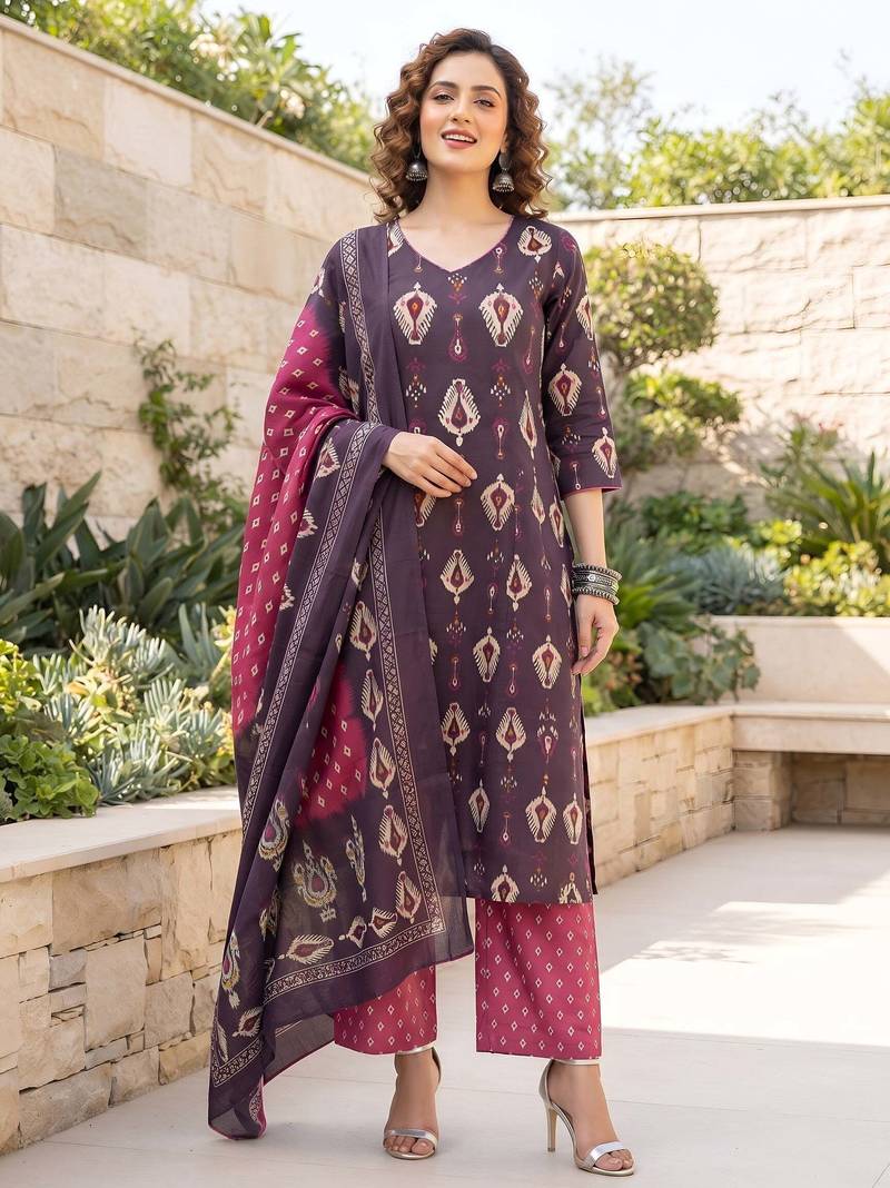 Burgundy floral printed cotton kurta set