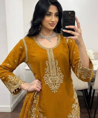 Dark-yellow faux georgette embroidered palazzo set 3