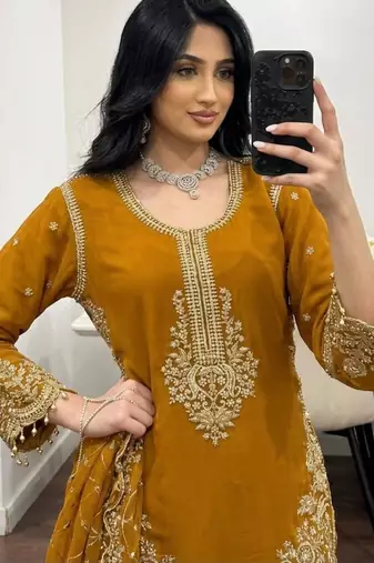Dark-yellow faux georgette embroidered palazzo set