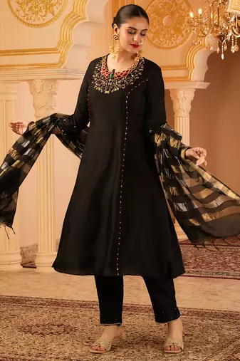 Black hand embroidered a-shape silk 3 piece suit set