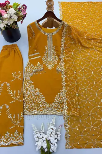 Dark-yellow faux georgette embroidered palazzo set