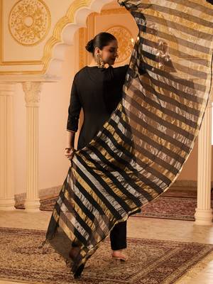 Black hand embroidered a-shape silk 3 piece suit set 3