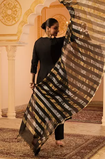 Black hand embroidered a-shape silk 3 piece suit set