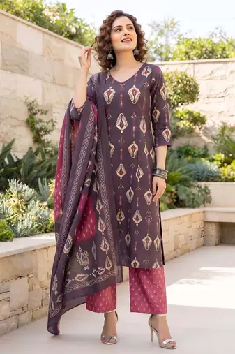 Burgundy floral printed cotton kurta set