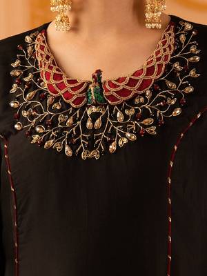 Black hand embroidered a-shape silk 3 piece suit set 4