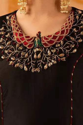 Black hand embroidered a-shape silk 3 piece suit set