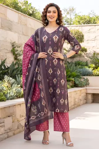 Burgundy floral printed cotton kurta set
