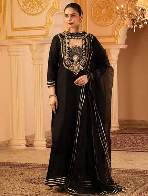 Black hand embroidered silk 3 piece suit set 1