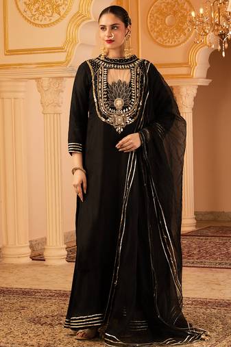 Black hand embroidered silk 3 piece suit set