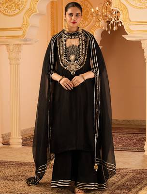 Black hand embroidered silk 3 piece suit set 2
