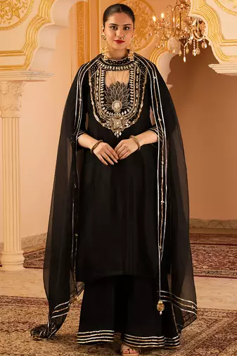 Black hand embroidered silk 3 piece suit set
