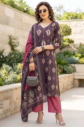 Burgundy floral printed cotton kurta set