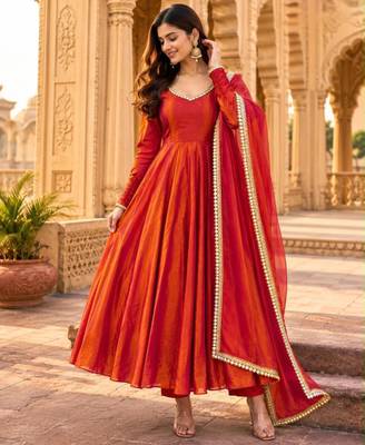 Orange silk blend lace flared gown set 1