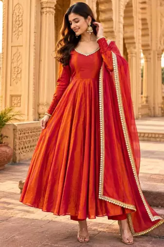 Orange silk blend lace flared gown set