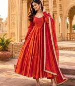Orange silk blend lace flared gown set
