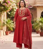 Red hand embroidered chanderi silk kurta set
