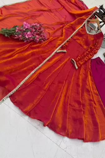 Orange silk blend lace flared gown set