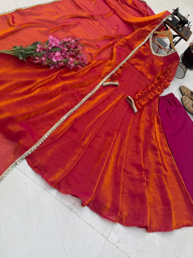 Orange silk blend lace flared gown set
