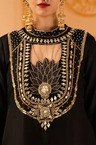 Black hand embroidered silk 3 piece suit set