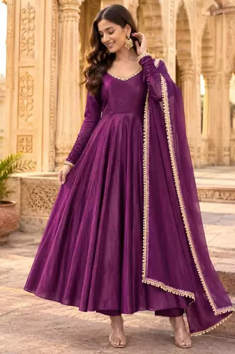 Purple silk blend lace flared gown set