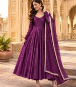 Purple silk blend lace flared gown set