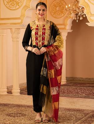 Black hand embroidered mul chanderi 3 piece suit set 1