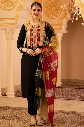 Black hand embroidered mul chanderi 3 piece suit set