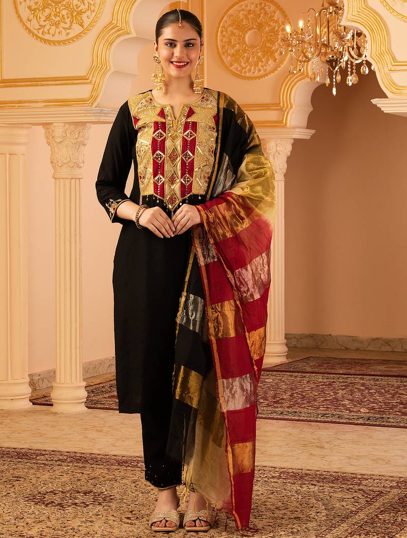 Black hand embroidered mul chanderi 3 piece suit set
